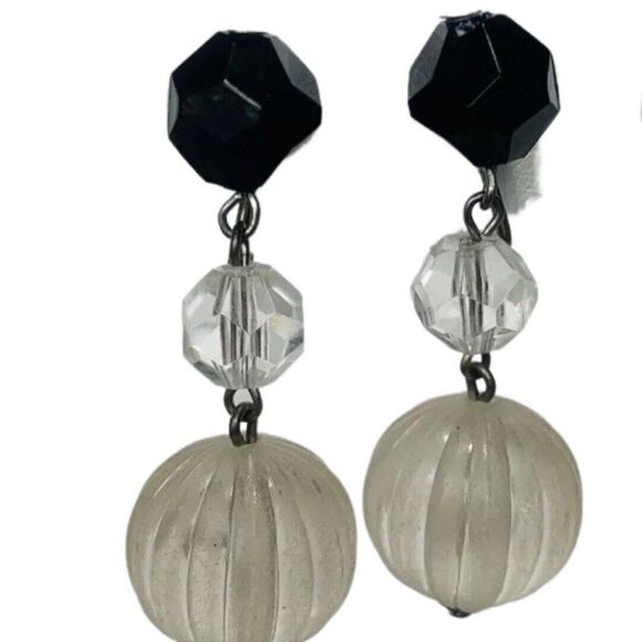 Vintage Germany Spherical Black/Clear Drop Beaded Clip On Dangle Earrings - Picture 2 of 6